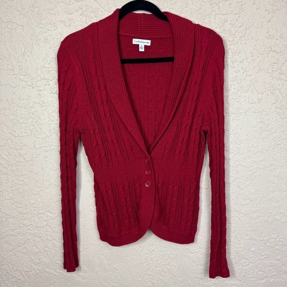 croft & barrow Sweaters - Croft & Barrow Red Cable Knit Cardigan Sweater Womens Sz M Shawl Collar Academia